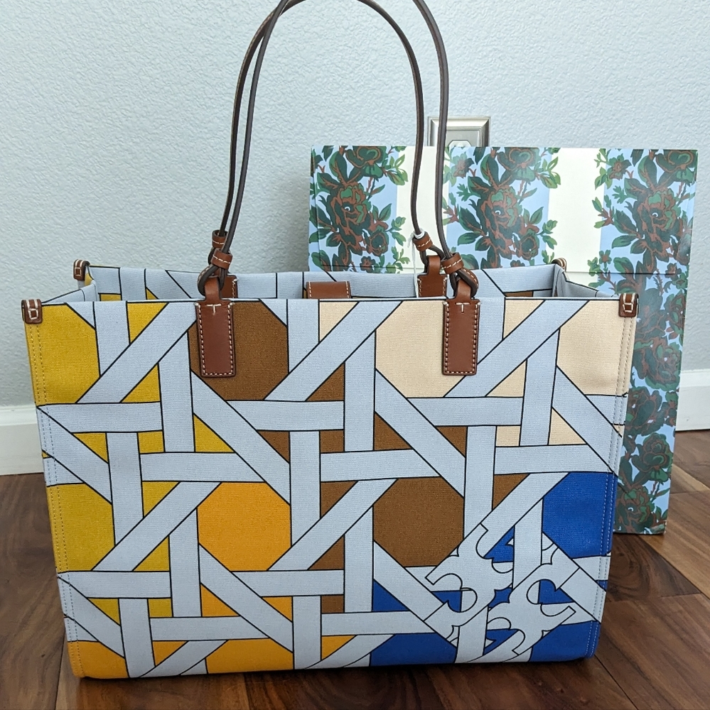 Tory Burch Ella Basket Weave Canvas Tote + Gift Bag Nwt ❤️